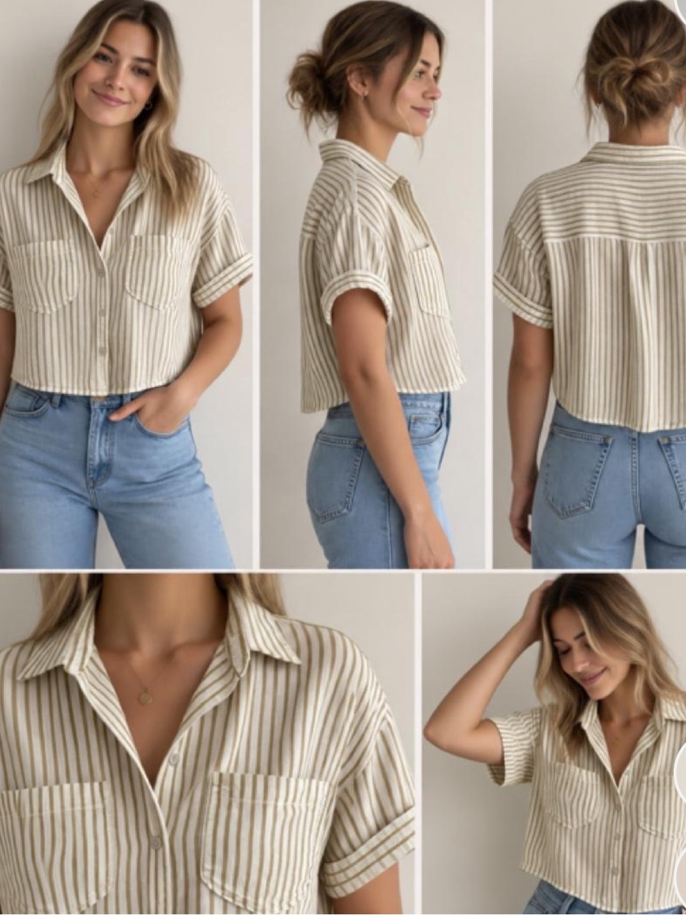 ZARA Linen-Blend Striped Button-Up Shirt | Women’s M Cropped